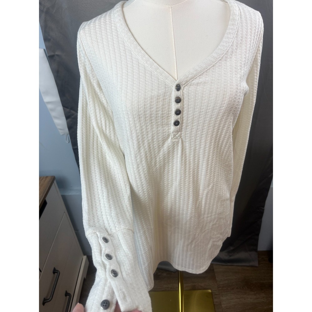 Chaser Ivory Thermal Henley Womens Long Sleeve Button Cuff Top M